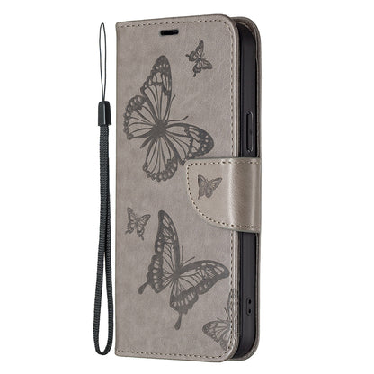 Magnetic PU Leather Wallet Stand Imprint Butterfly Flip Folio Protective Cover with Strap for iPhone 13 Pro 6.1 inch