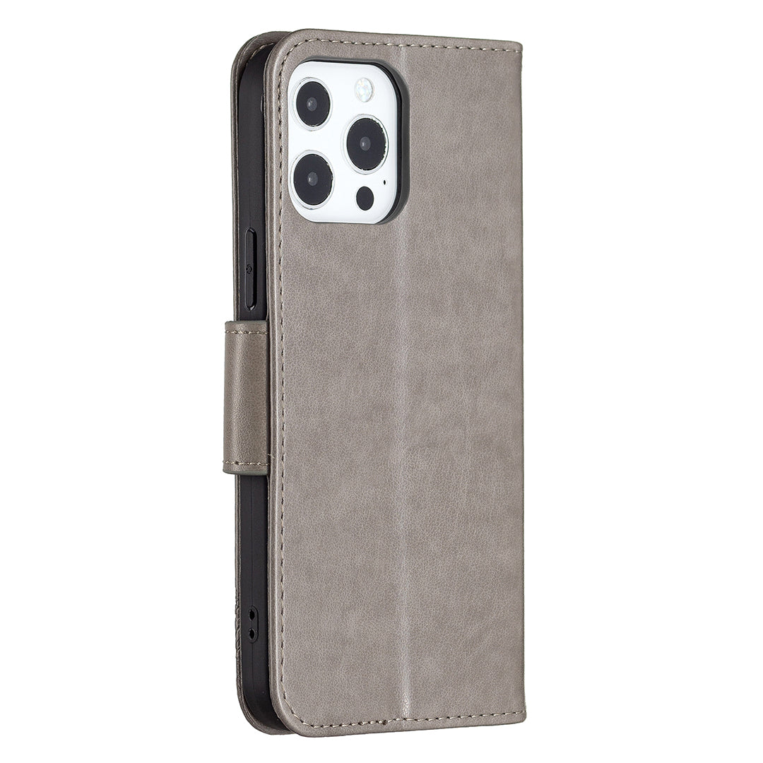 Magnetic PU Leather Wallet Stand Imprint Butterfly Flip Folio Protective Cover with Strap for iPhone 13 Pro 6.1 inch
