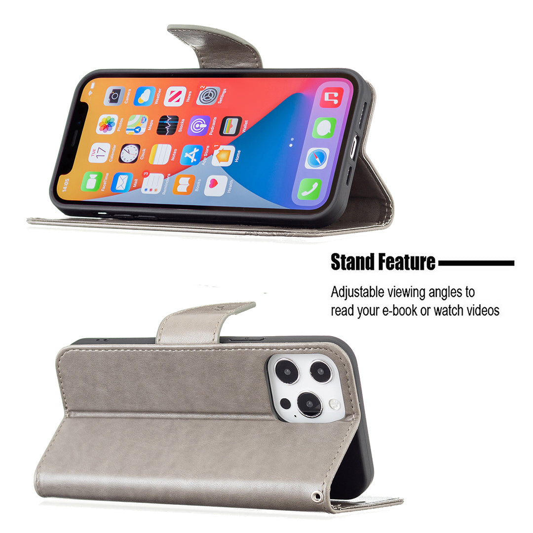 Magnetic PU Leather Wallet Stand Imprint Butterfly Flip Folio Protective Cover with Strap for iPhone 13 Pro 6.1 inch