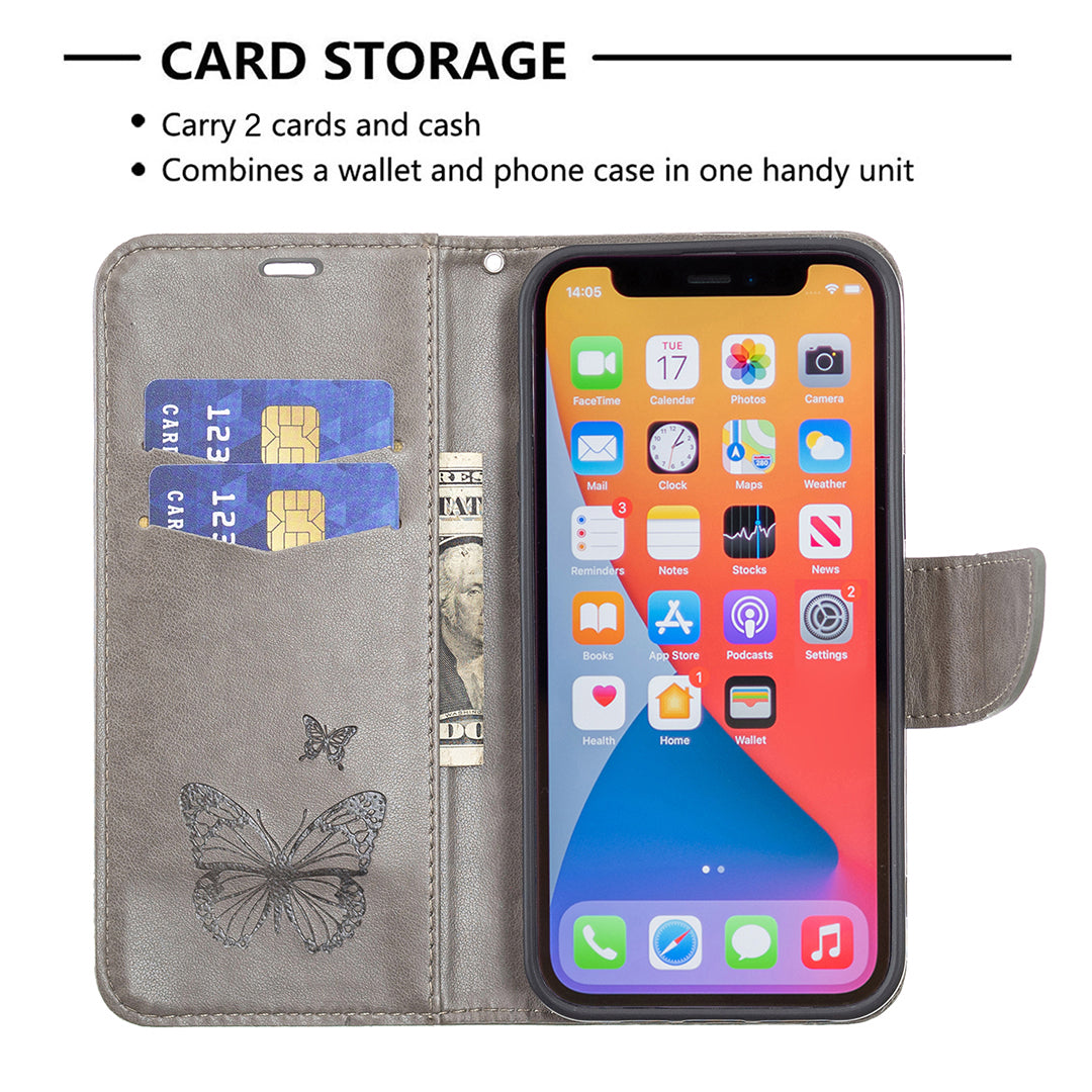 Magnetic PU Leather Wallet Stand Imprint Butterfly Flip Folio Protective Cover with Strap for iPhone 13 Pro 6.1 inch