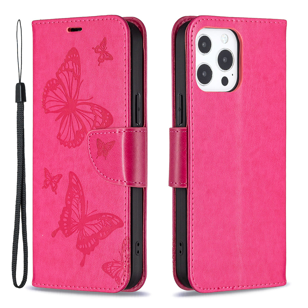 Magnetic PU Leather Wallet Stand Imprint Butterfly Flip Folio Protective Cover with Strap for iPhone 13 Pro 6.1 inch