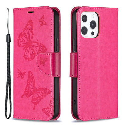Magnetic PU Leather Wallet Stand Imprint Butterfly Flip Folio Protective Cover with Strap for iPhone 13 Pro 6.1 inch