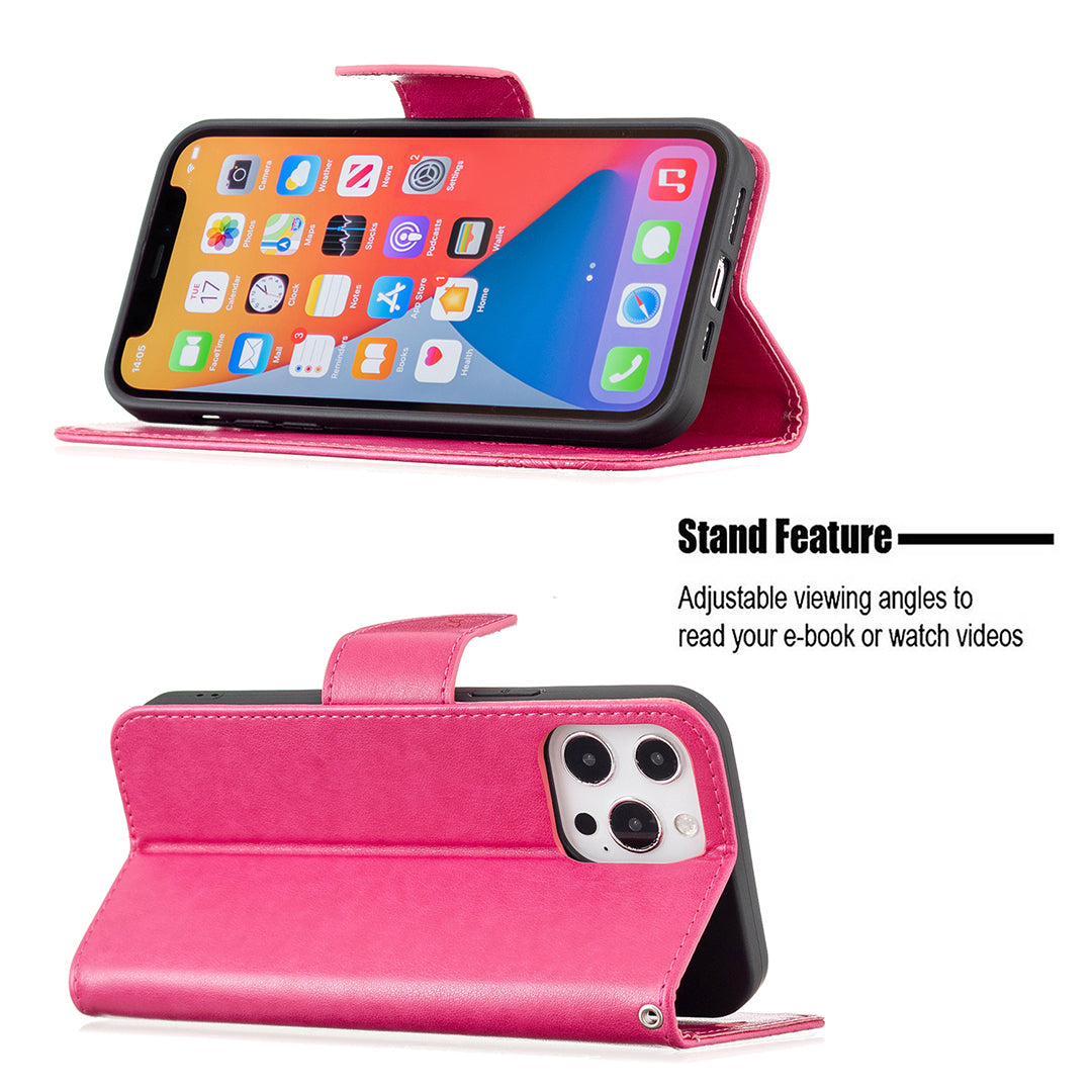 Magnetic PU Leather Wallet Stand Imprint Butterfly Flip Folio Protective Cover with Strap for iPhone 13 Pro 6.1 inch