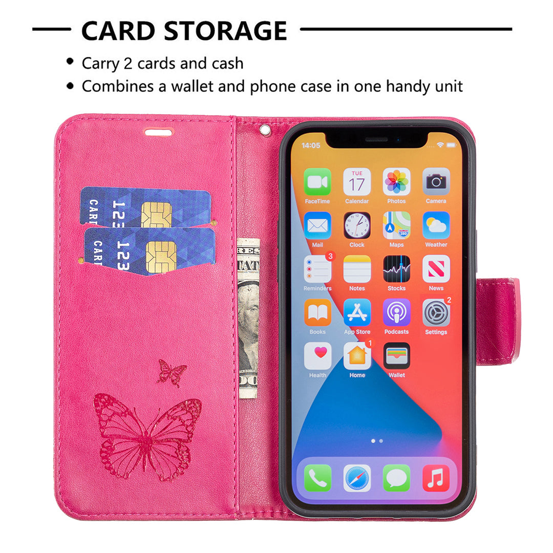 Magnetic PU Leather Wallet Stand Imprint Butterfly Flip Folio Protective Cover with Strap for iPhone 13 Pro 6.1 inch