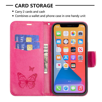 Magnetic PU Leather Wallet Stand Imprint Butterfly Flip Folio Protective Cover with Strap for iPhone 13 Pro 6.1 inch