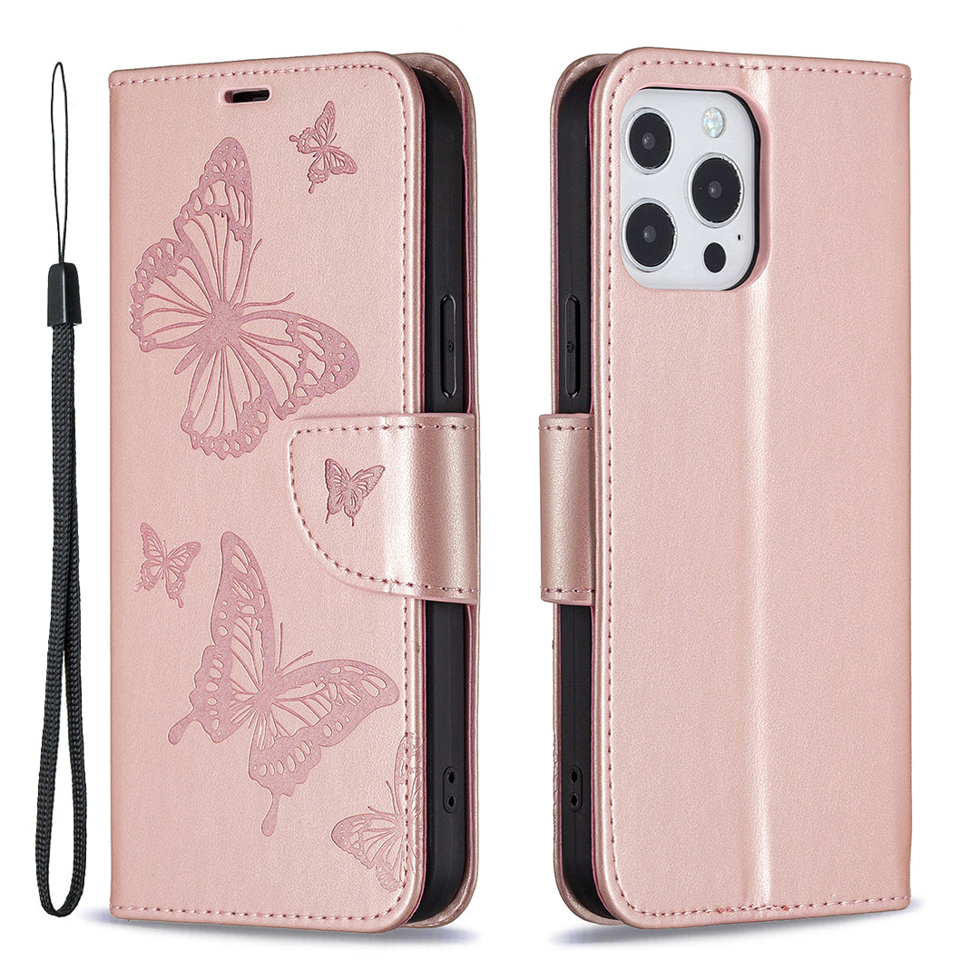 Magnetic PU Leather Wallet Stand Imprint Butterfly Flip Folio Protective Cover with Strap for iPhone 13 Pro 6.1 inch