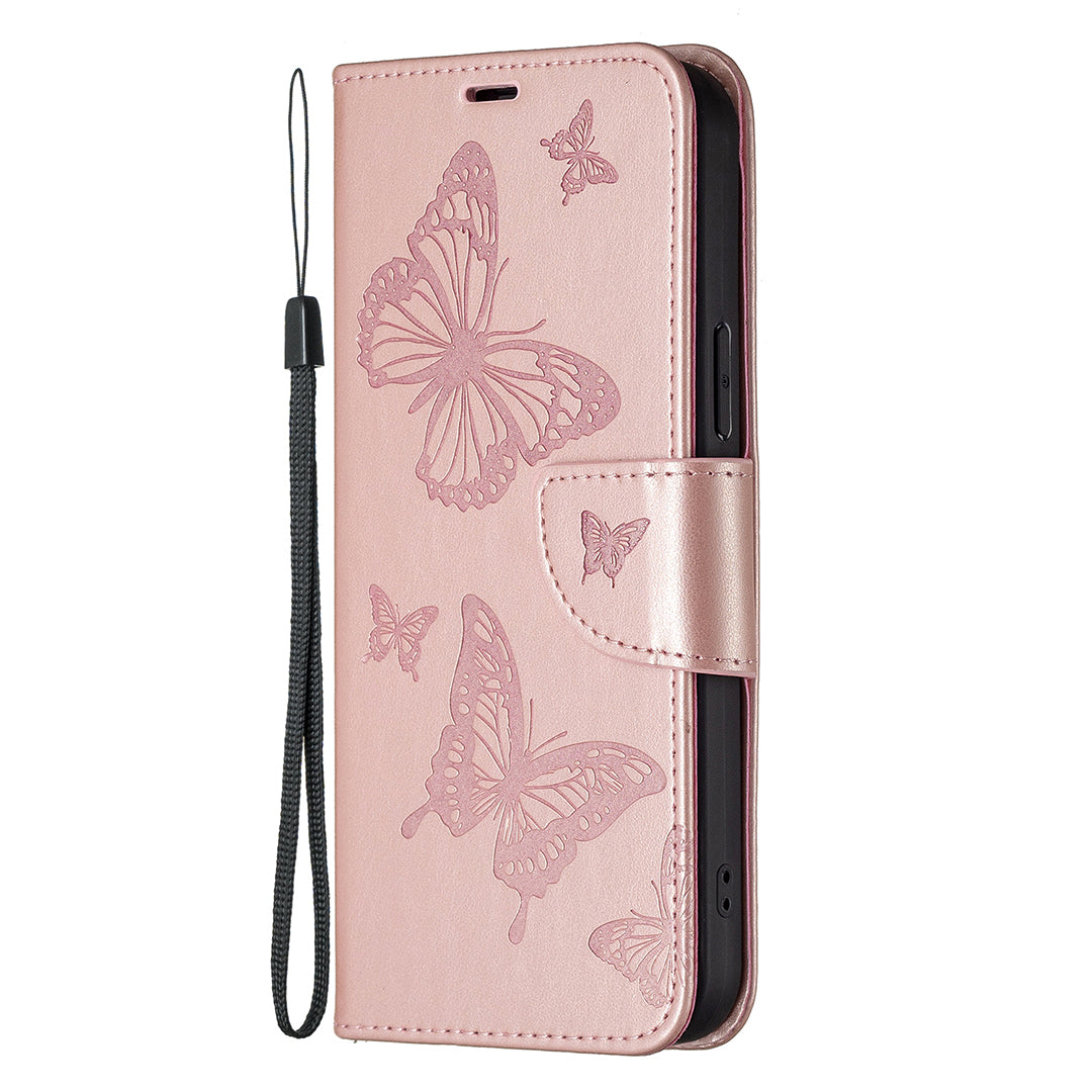 Magnetic PU Leather Wallet Stand Imprint Butterfly Flip Folio Protective Cover with Strap for iPhone 13 Pro 6.1 inch