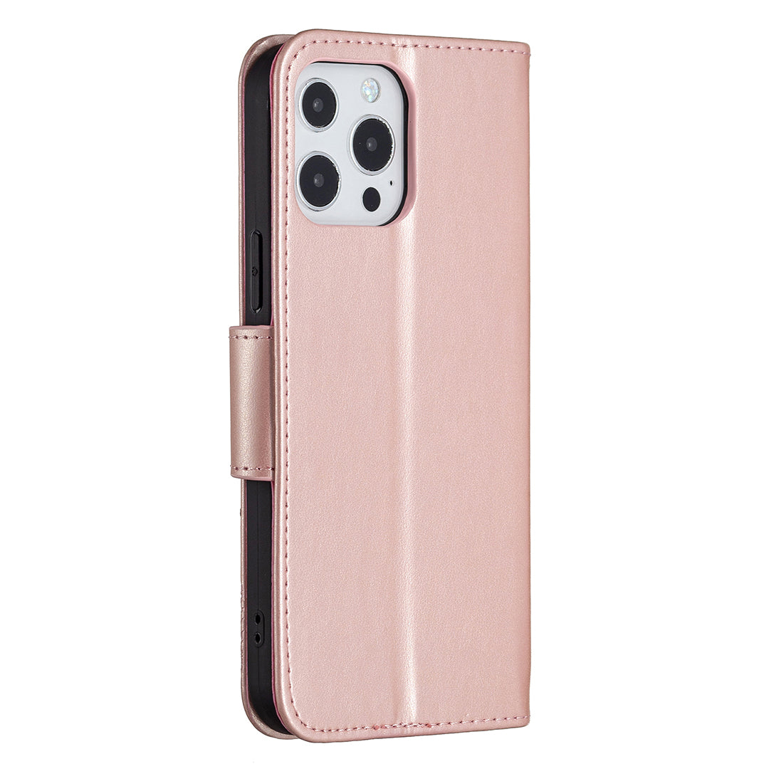 Magnetic PU Leather Wallet Stand Imprint Butterfly Flip Folio Protective Cover with Strap for iPhone 13 Pro 6.1 inch