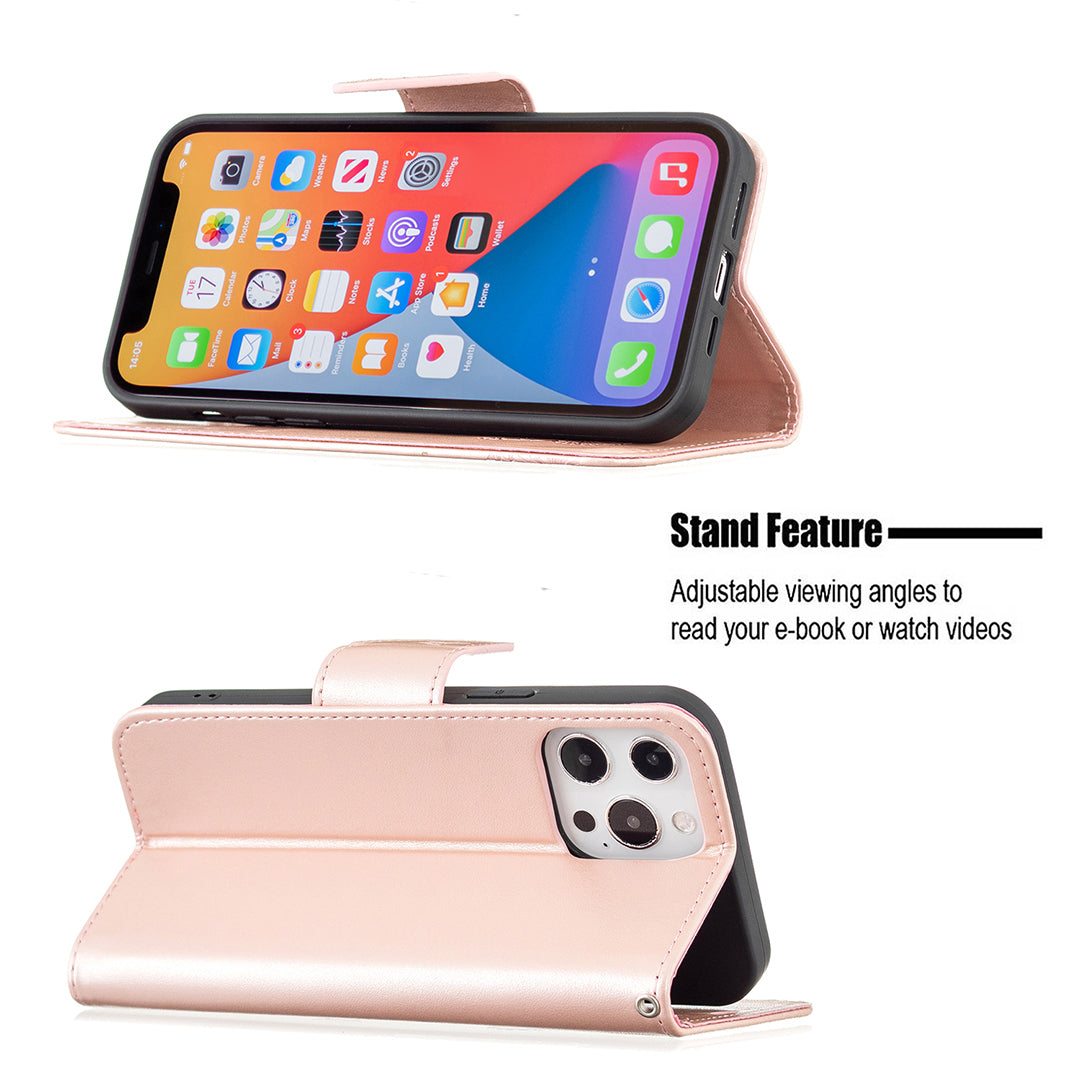 Magnetic PU Leather Wallet Stand Imprint Butterfly Flip Folio Protective Cover with Strap for iPhone 13 Pro 6.1 inch
