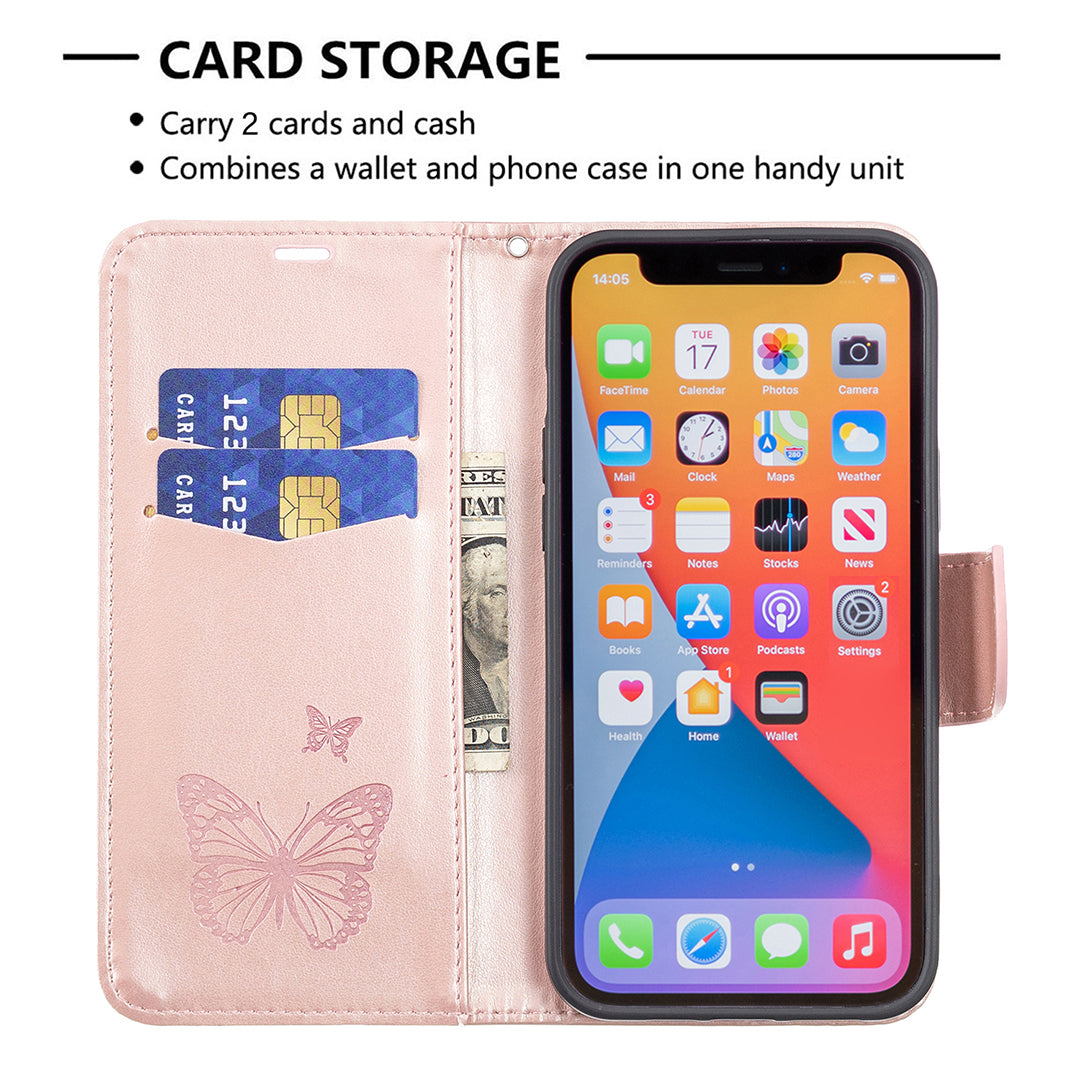 Magnetic PU Leather Wallet Stand Imprint Butterfly Flip Folio Protective Cover with Strap for iPhone 13 Pro 6.1 inch