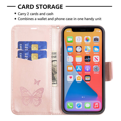 Magnetic PU Leather Wallet Stand Imprint Butterfly Flip Folio Protective Cover with Strap for iPhone 13 Pro 6.1 inch