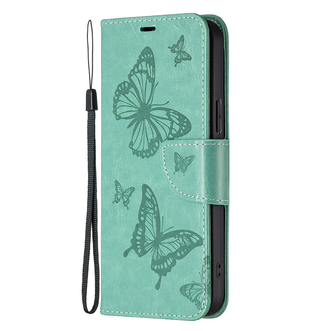 Magnetic PU Leather Wallet Stand Imprint Butterfly Flip Folio Protective Cover with Strap for iPhone 13 Pro 6.1 inch