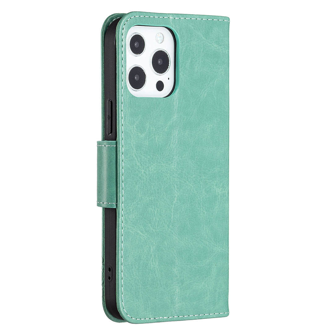 Magnetic PU Leather Wallet Stand Imprint Butterfly Flip Folio Protective Cover with Strap for iPhone 13 Pro 6.1 inch