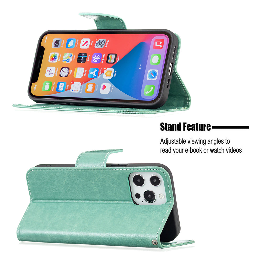 Magnetic PU Leather Wallet Stand Imprint Butterfly Flip Folio Protective Cover with Strap for iPhone 13 Pro 6.1 inch
