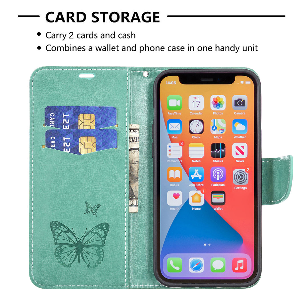 Magnetic PU Leather Wallet Stand Imprint Butterfly Flip Folio Protective Cover with Strap for iPhone 13 Pro 6.1 inch