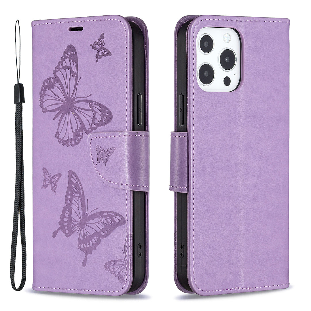 Magnetic PU Leather Wallet Stand Imprint Butterfly Flip Folio Protective Cover with Strap for iPhone 13 Pro 6.1 inch