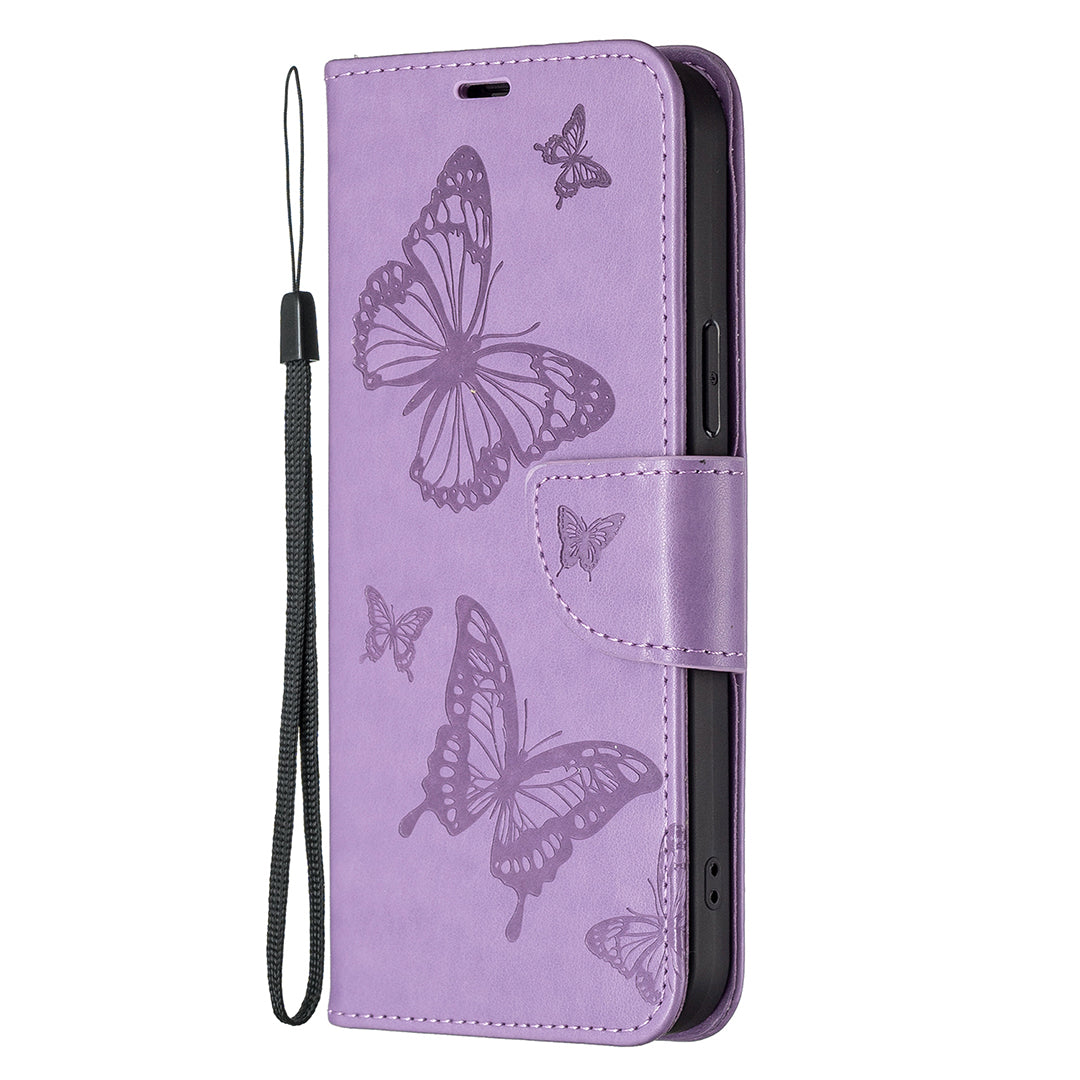 Magnetic PU Leather Wallet Stand Imprint Butterfly Flip Folio Protective Cover with Strap for iPhone 13 Pro 6.1 inch