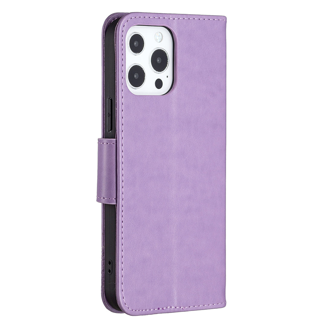 Magnetic PU Leather Wallet Stand Imprint Butterfly Flip Folio Protective Cover with Strap for iPhone 13 Pro 6.1 inch