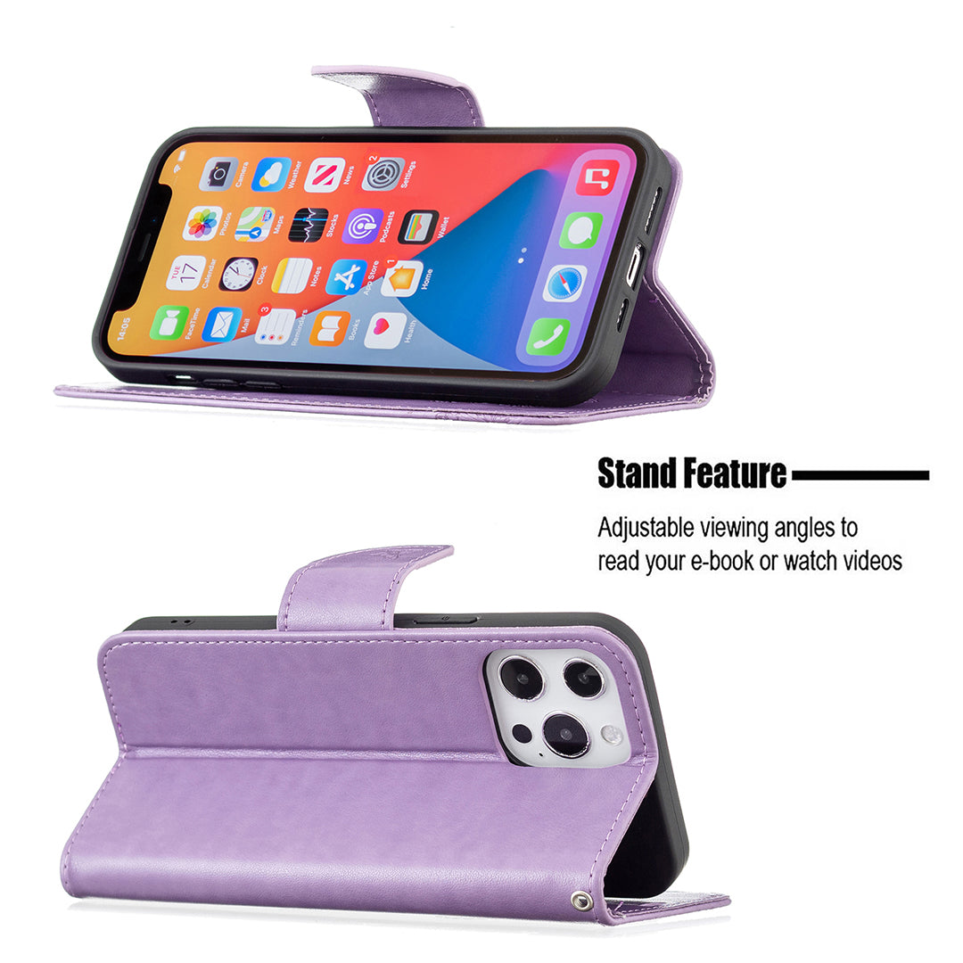 Magnetic PU Leather Wallet Stand Imprint Butterfly Flip Folio Protective Cover with Strap for iPhone 13 Pro 6.1 inch