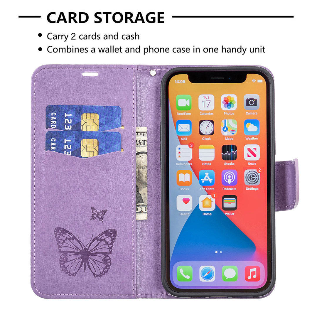 Magnetic PU Leather Wallet Stand Imprint Butterfly Flip Folio Protective Cover with Strap for iPhone 13 Pro 6.1 inch