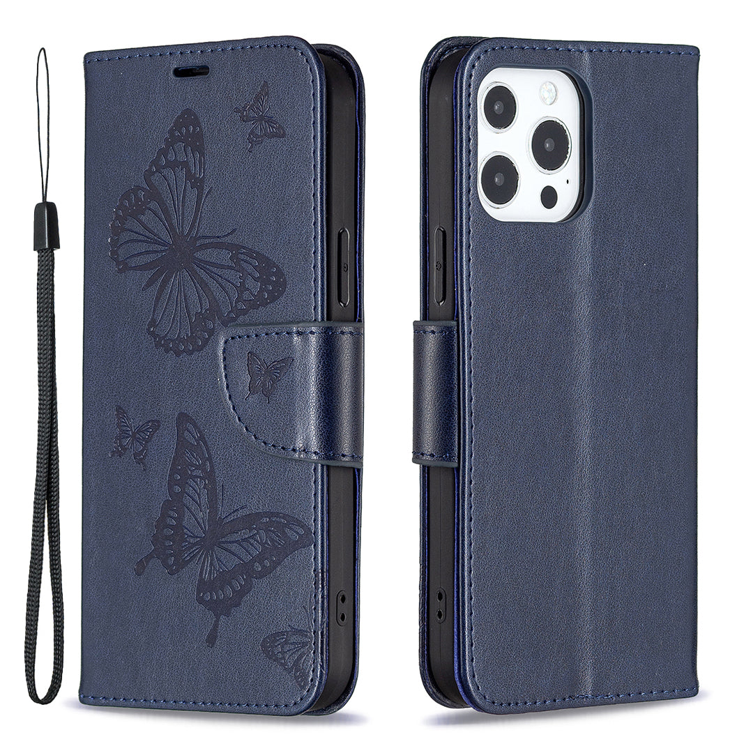 Magnetic PU Leather Wallet Stand Imprint Butterfly Flip Folio Protective Cover with Strap for iPhone 13 Pro 6.1 inch