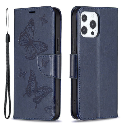 Magnetic PU Leather Wallet Stand Imprint Butterfly Flip Folio Protective Cover with Strap for iPhone 13 Pro 6.1 inch