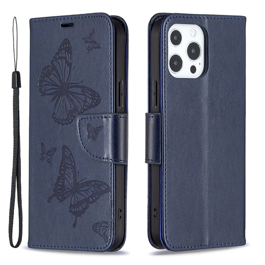 Magnetic PU Leather Wallet Stand Imprint Butterfly Flip Folio Protective Cover with Strap for iPhone 13 Pro 6.1 inch