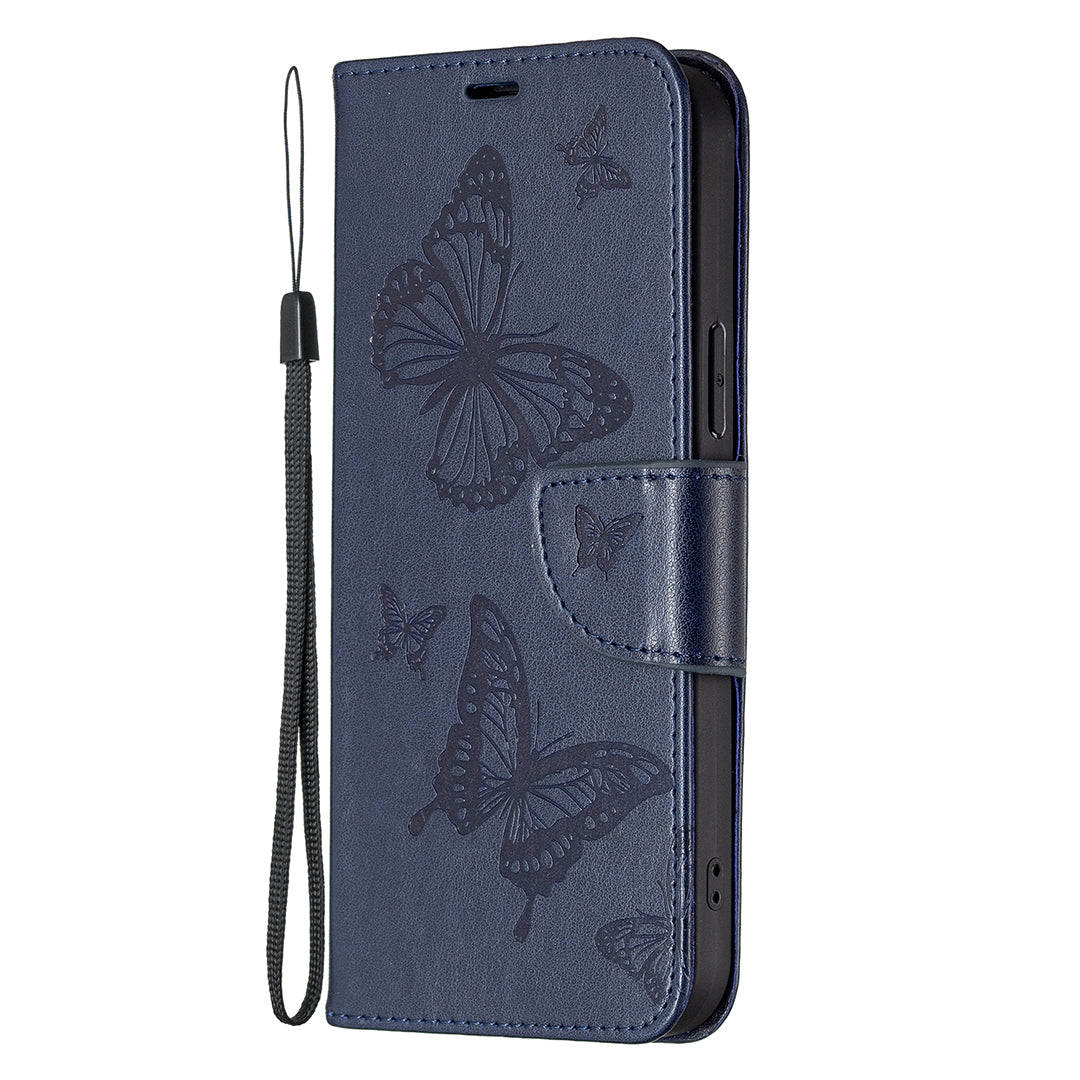 Magnetic PU Leather Wallet Stand Imprint Butterfly Flip Folio Protective Cover with Strap for iPhone 13 Pro 6.1 inch