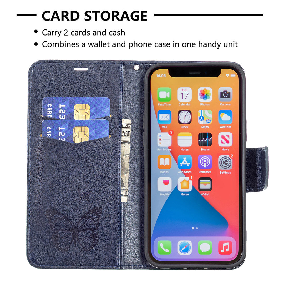 Magnetic PU Leather Wallet Stand Imprint Butterfly Flip Folio Protective Cover with Strap for iPhone 13 Pro 6.1 inch
