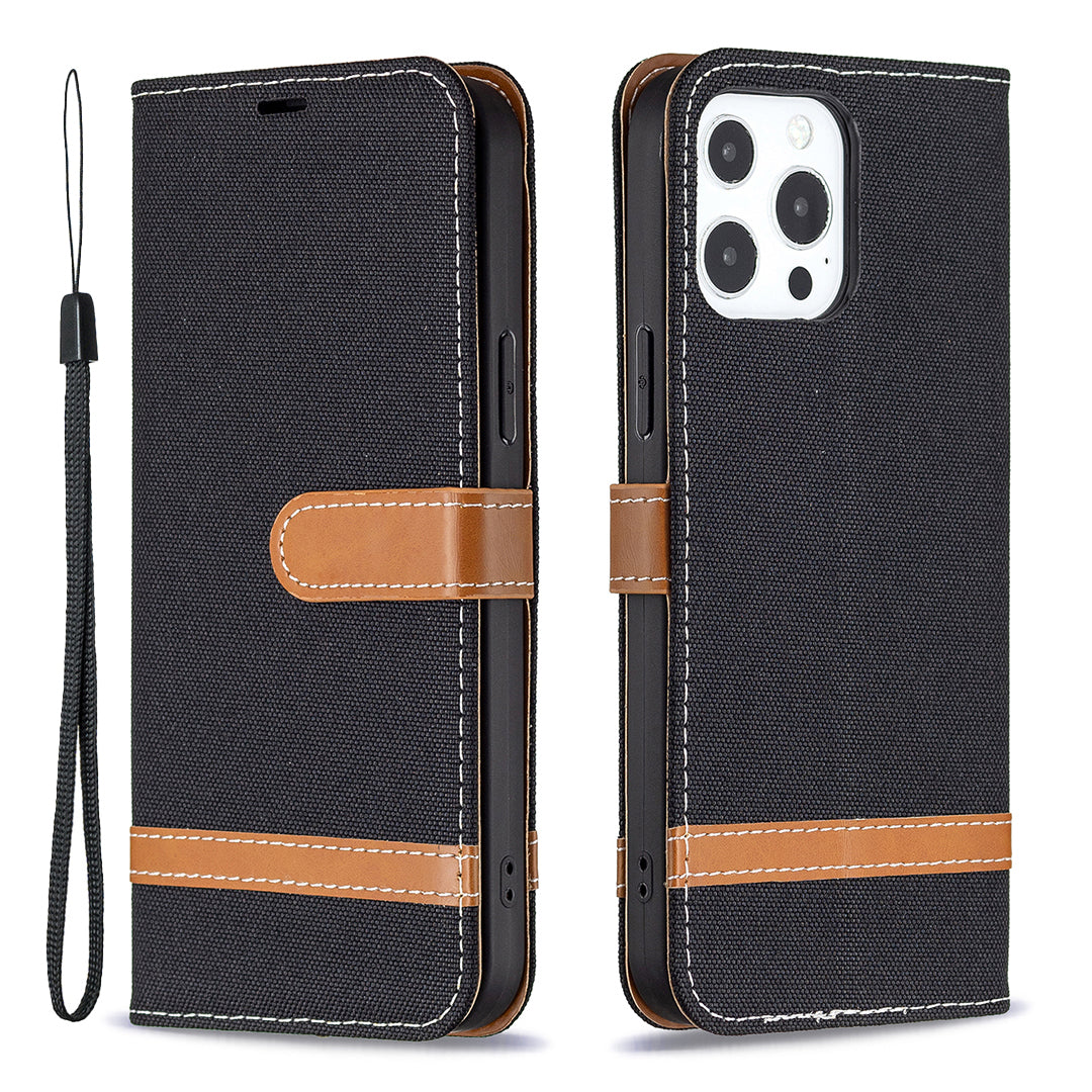 Color Splicing Jeans Cloth Coated PU Leather Phone Case Cover with Wallet Stand for iPhone 13 Pro