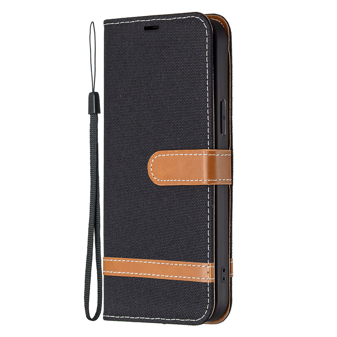 Color Splicing Jeans Cloth Coated PU Leather Phone Case Cover with Wallet Stand for iPhone 13 Pro