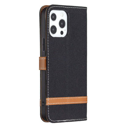 Color Splicing Jeans Cloth Coated PU Leather Phone Case Cover with Wallet Stand for iPhone 13 Pro