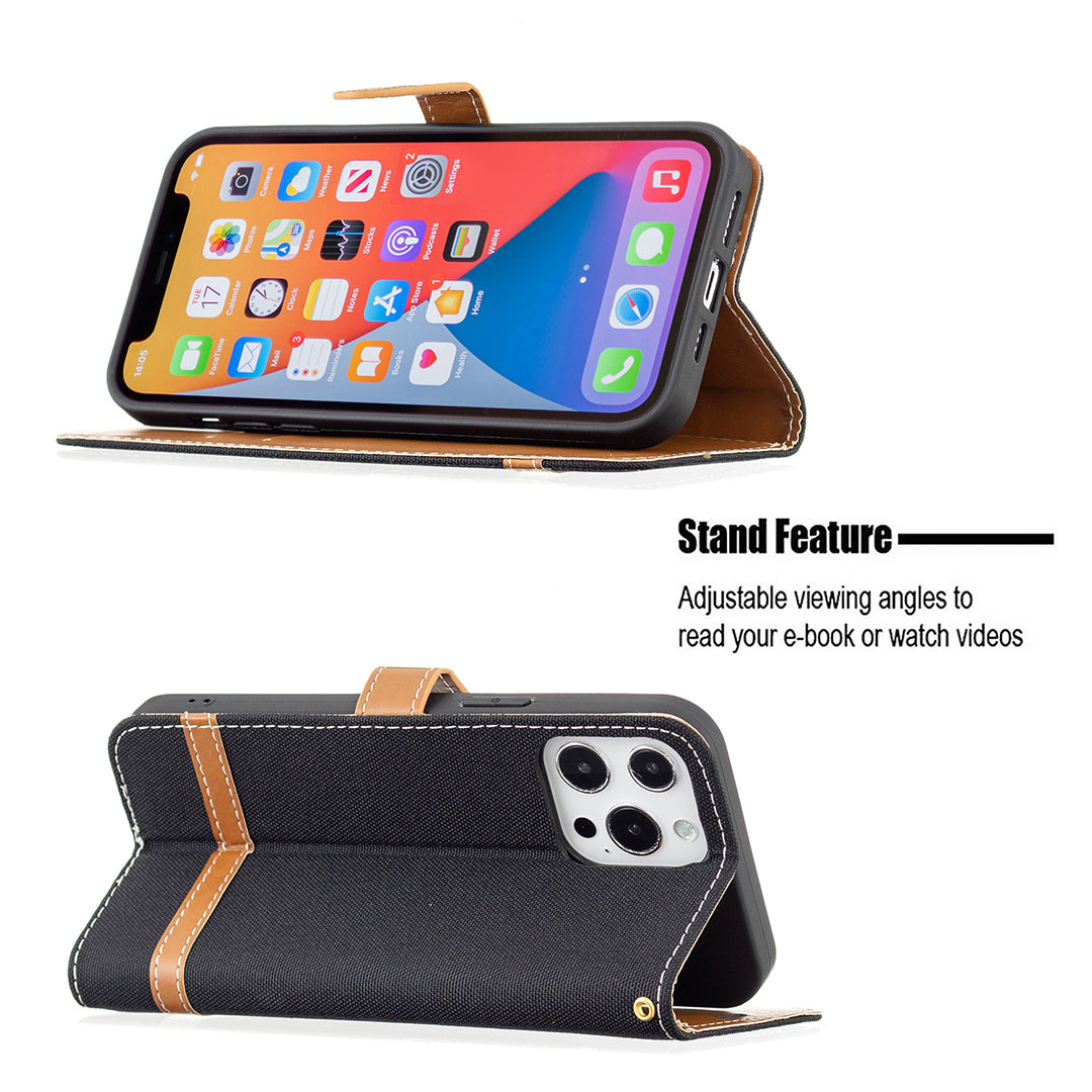 Color Splicing Jeans Cloth Coated PU Leather Phone Case Cover with Wallet Stand for iPhone 13 Pro