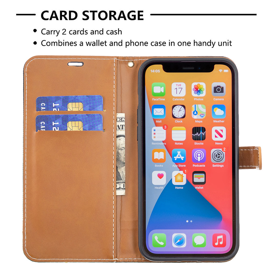 Color Splicing Jeans Cloth Coated PU Leather Phone Case Cover with Wallet Stand for iPhone 13 Pro