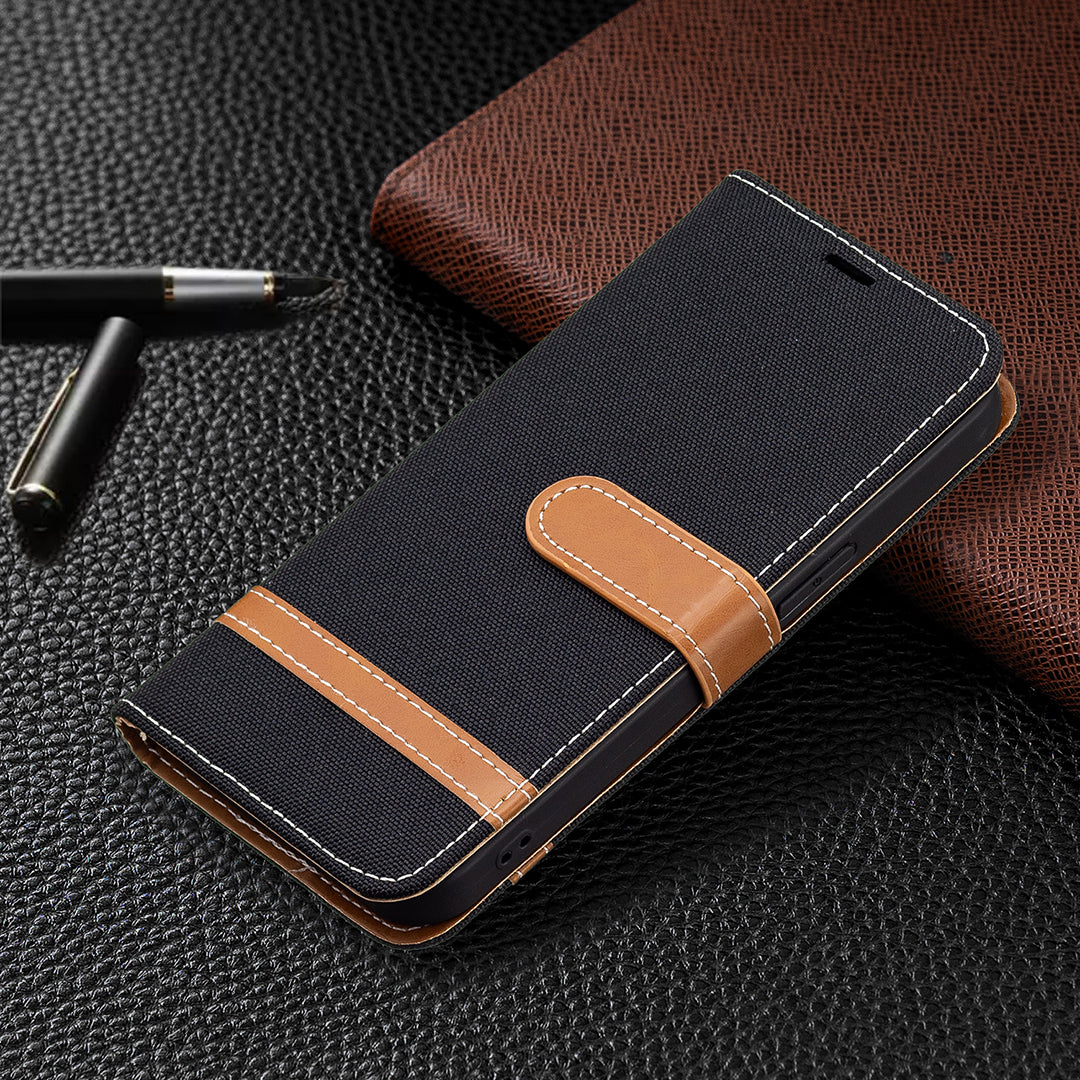 Color Splicing Jeans Cloth Coated PU Leather Phone Case Cover with Wallet Stand for iPhone 13 Pro