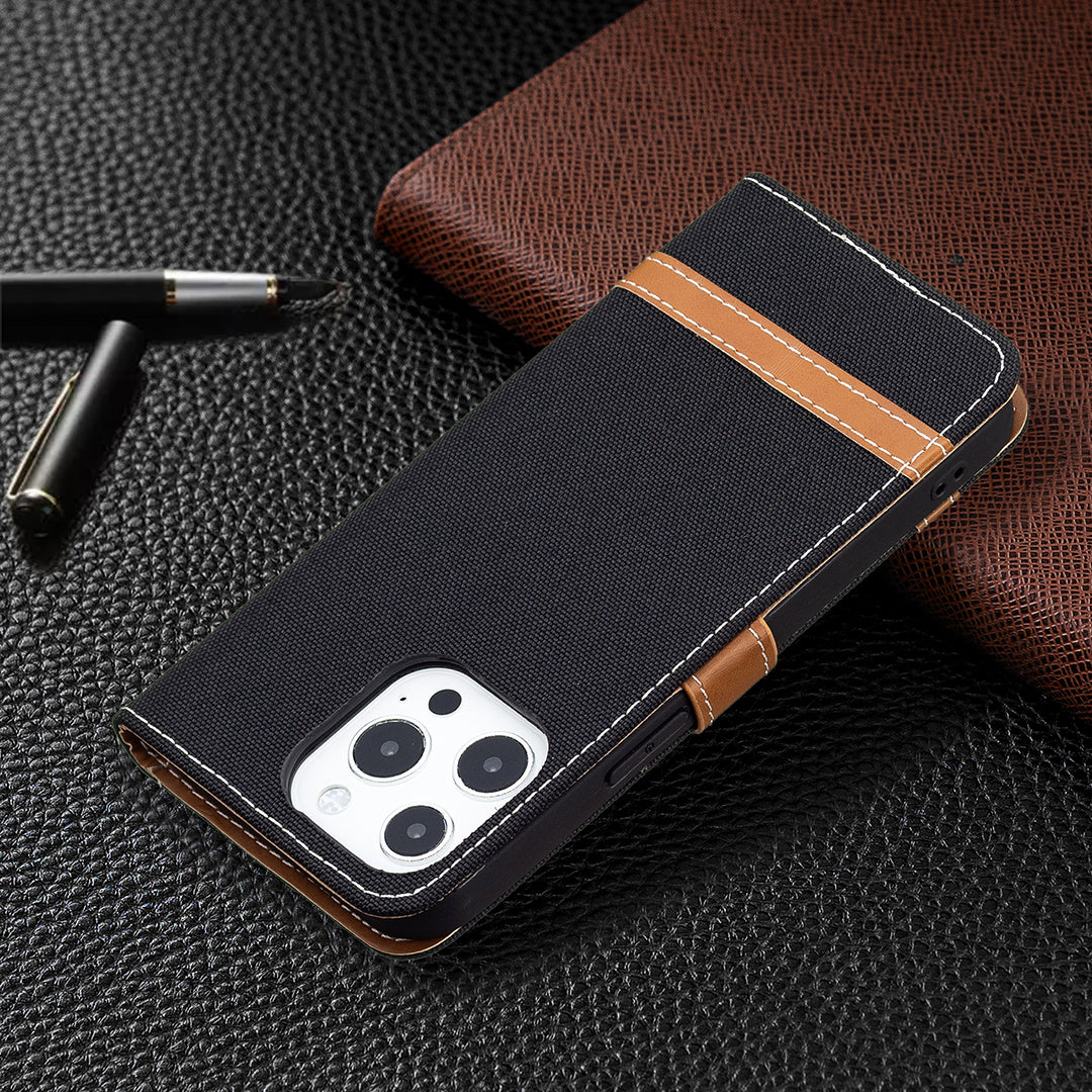 Color Splicing Jeans Cloth Coated PU Leather Phone Case Cover with Wallet Stand for iPhone 13 Pro