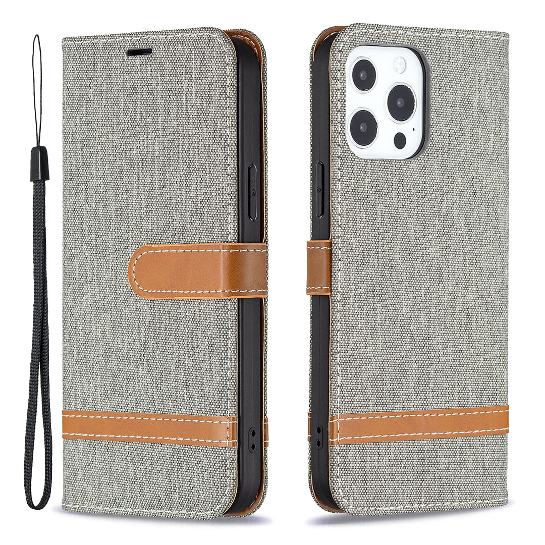Color Splicing Jeans Cloth Coated PU Leather Phone Case Cover with Wallet Stand for iPhone 13 Pro