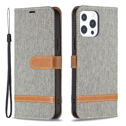 Color Splicing Jeans Cloth Coated PU Leather Phone Case Cover with Wallet Stand for iPhone 13 Pro
