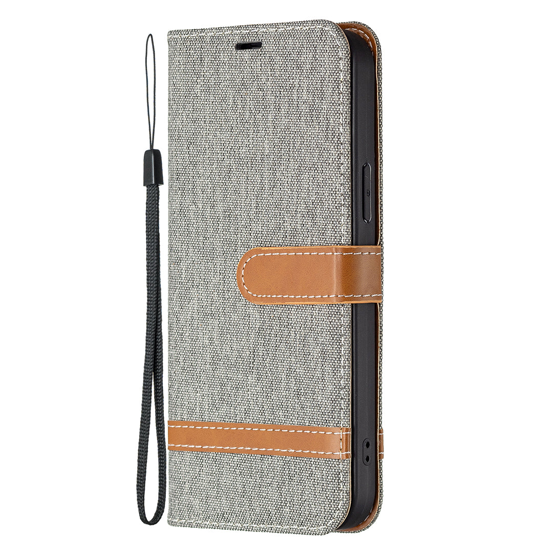 Color Splicing Jeans Cloth Coated PU Leather Phone Case Cover with Wallet Stand for iPhone 13 Pro