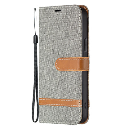 Color Splicing Jeans Cloth Coated PU Leather Phone Case Cover with Wallet Stand for iPhone 13 Pro