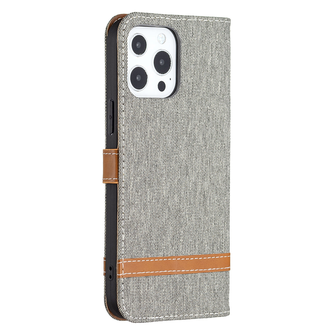 Color Splicing Jeans Cloth Coated PU Leather Phone Case Cover with Wallet Stand for iPhone 13 Pro