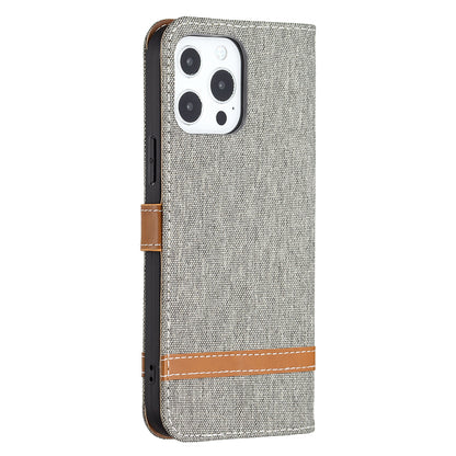 Color Splicing Jeans Cloth Coated PU Leather Phone Case Cover with Wallet Stand for iPhone 13 Pro