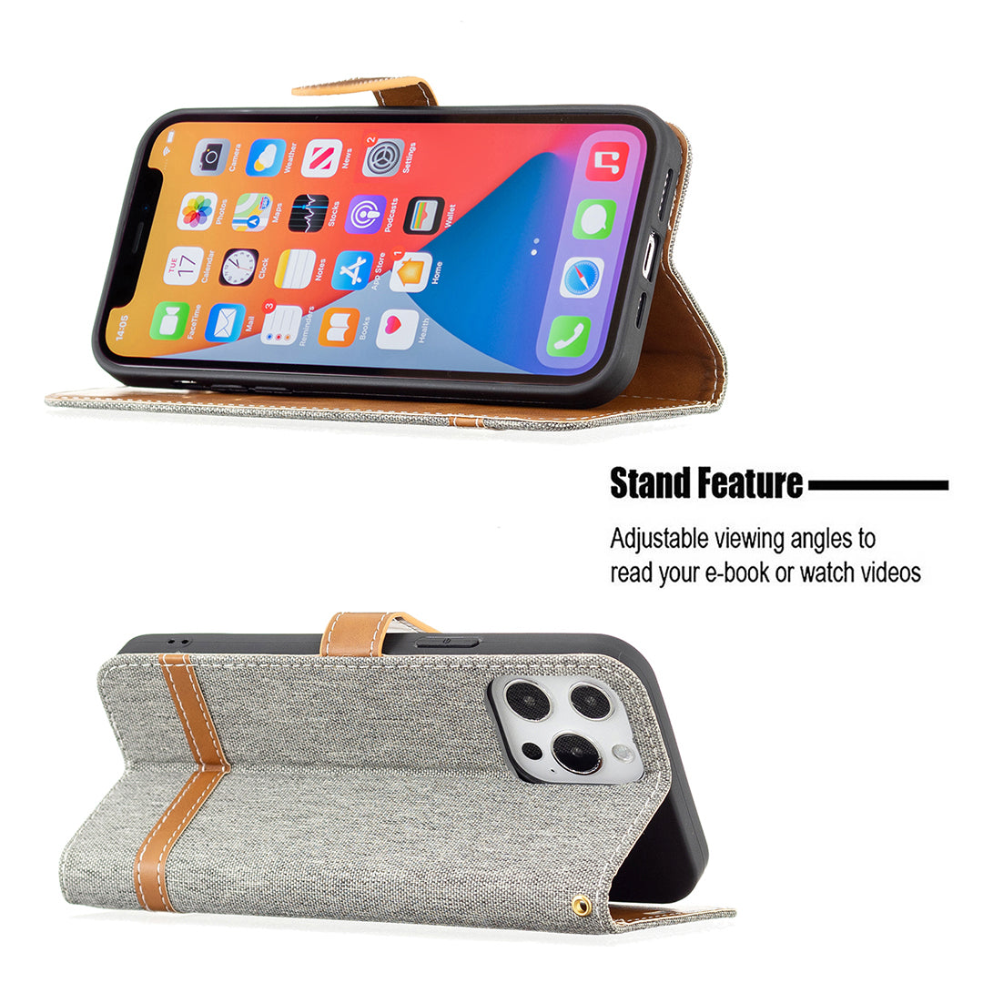 Color Splicing Jeans Cloth Coated PU Leather Phone Case Cover with Wallet Stand for iPhone 13 Pro