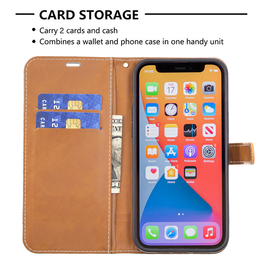 Color Splicing Jeans Cloth Coated PU Leather Phone Case Cover with Wallet Stand for iPhone 13 Pro
