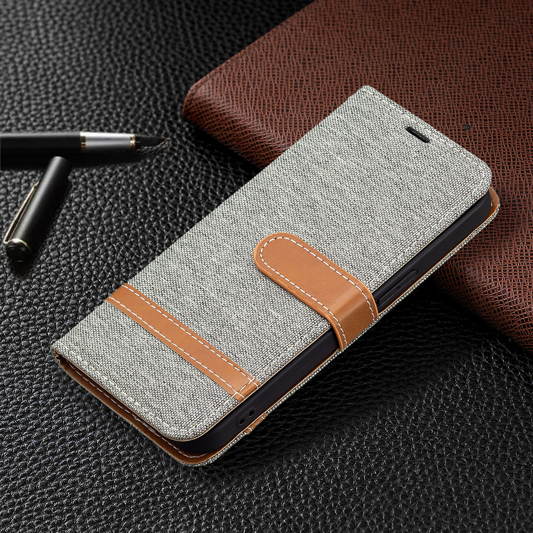 Color Splicing Jeans Cloth Coated PU Leather Phone Case Cover with Wallet Stand for iPhone 13 Pro