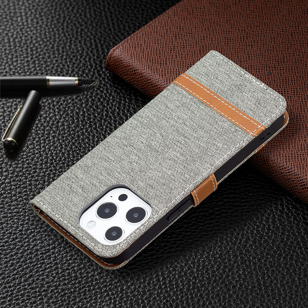 Color Splicing Jeans Cloth Coated PU Leather Phone Case Cover with Wallet Stand for iPhone 13 Pro