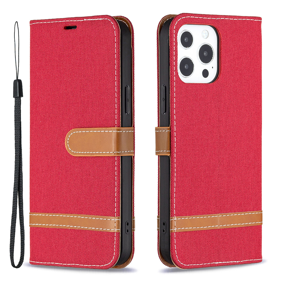 Color Splicing Jeans Cloth Coated PU Leather Phone Case Cover with Wallet Stand for iPhone 13 Pro