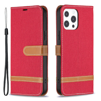 Color Splicing Jeans Cloth Coated PU Leather Phone Case Cover with Wallet Stand for iPhone 13 Pro