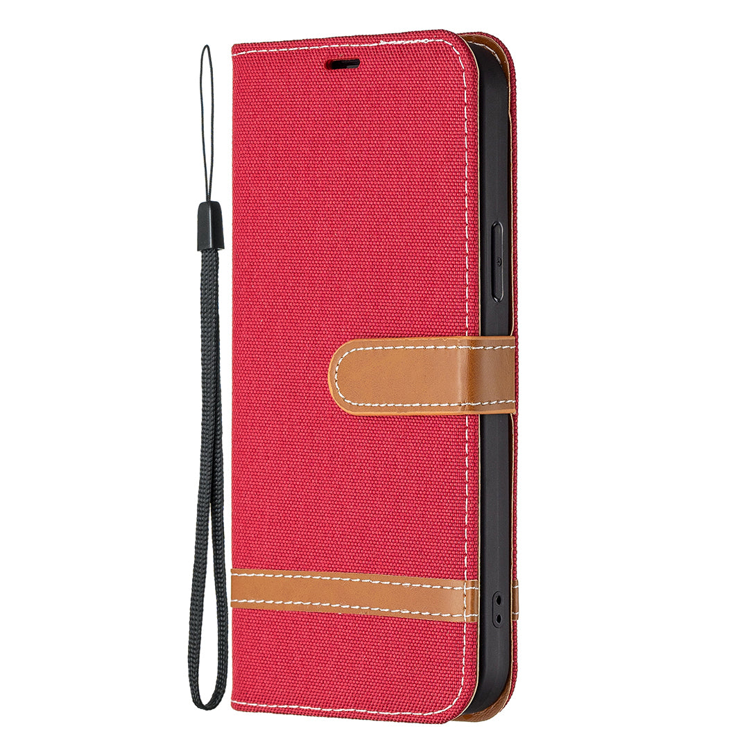 Color Splicing Jeans Cloth Coated PU Leather Phone Case Cover with Wallet Stand for iPhone 13 Pro