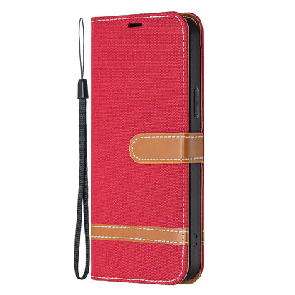 Color Splicing Jeans Cloth Coated PU Leather Phone Case Cover with Wallet Stand for iPhone 13 Pro